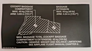 Diamond Aircraft DA40-NG DA1D60-1133-20-19 Placard Baggage Weight Limit, English